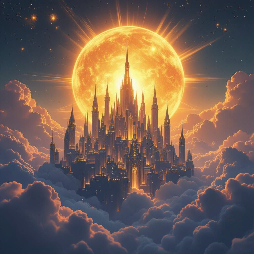 Celestial City Floating in Luminous Clouds with Radiant Sun