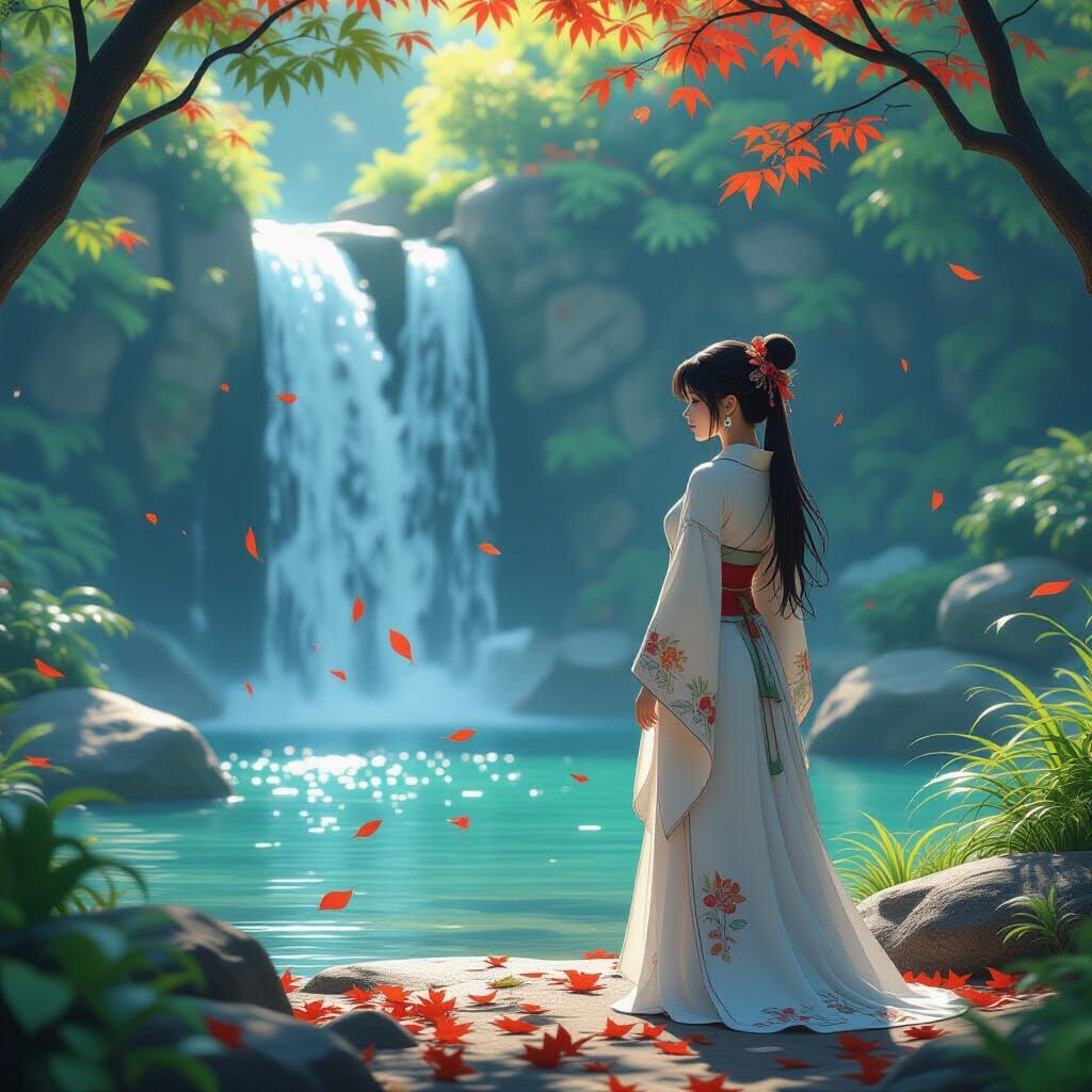 Anime Woman at Waterfall with Rustling Leaves