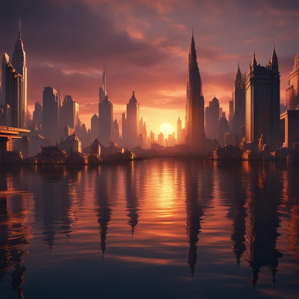 Sunset Cityscape: Detailed Fantasy Concept Art