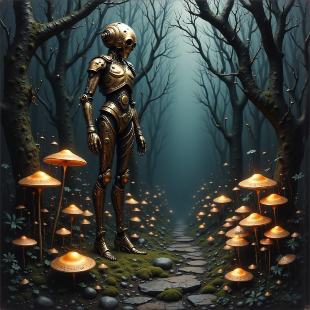 Brass Automaton Guards Bioluminescent Mushroom Grove