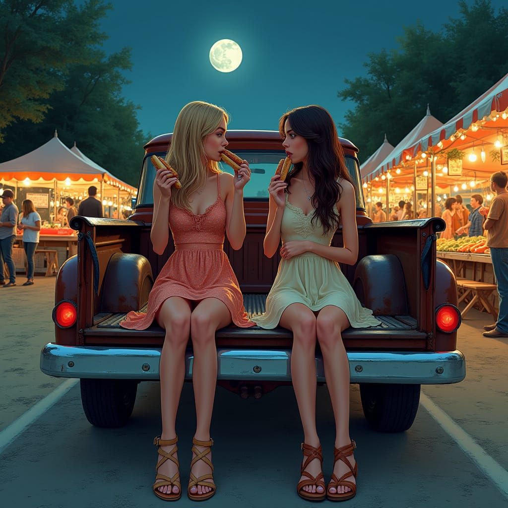 Girls Enjoying Bratwurst at Night Market, Comic Book Style