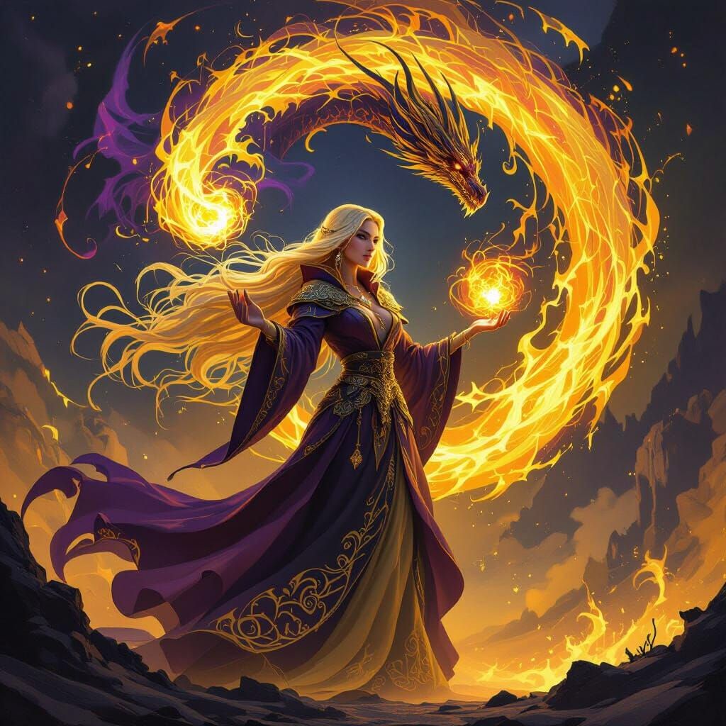 Sorceress Conjures Dragons in Dramatic Fantasy Landscape
