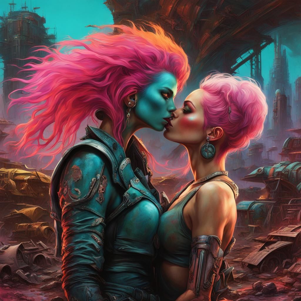 Cyberpunk Kiss in Post-Apocalyptic Wasteland