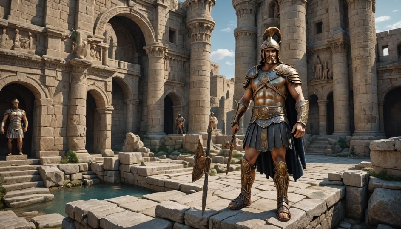Colossal Roman Warrior Guards Ancient Castle