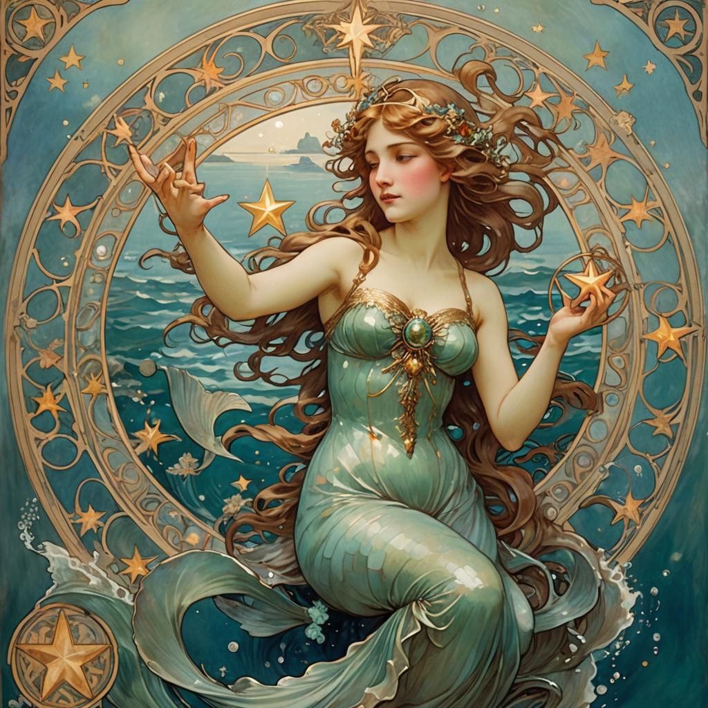Ethereal Mermaid with Star in Art Nouveau Style