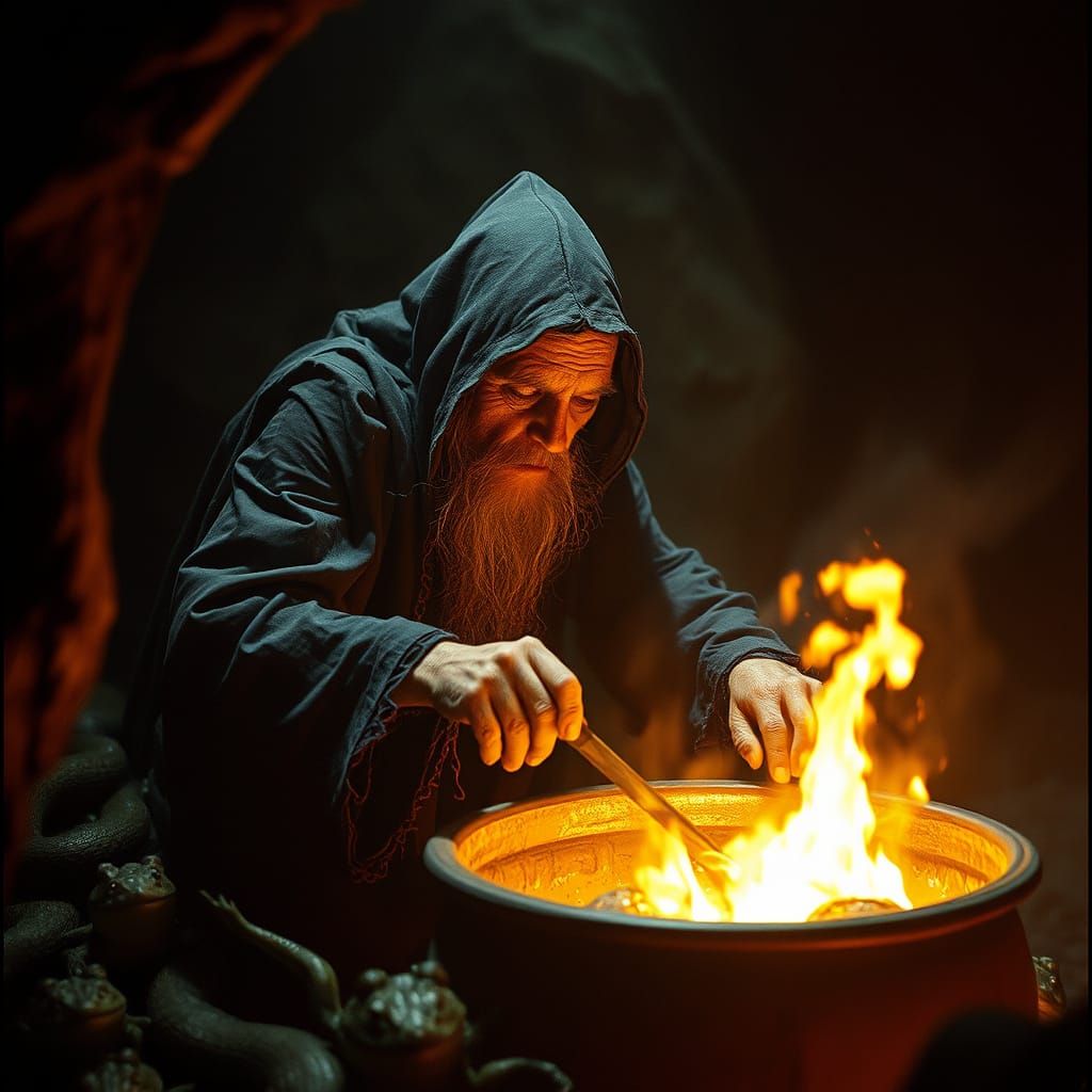 Ethereal Witch Stirs Cauldron in Dark, Dramatic Setting