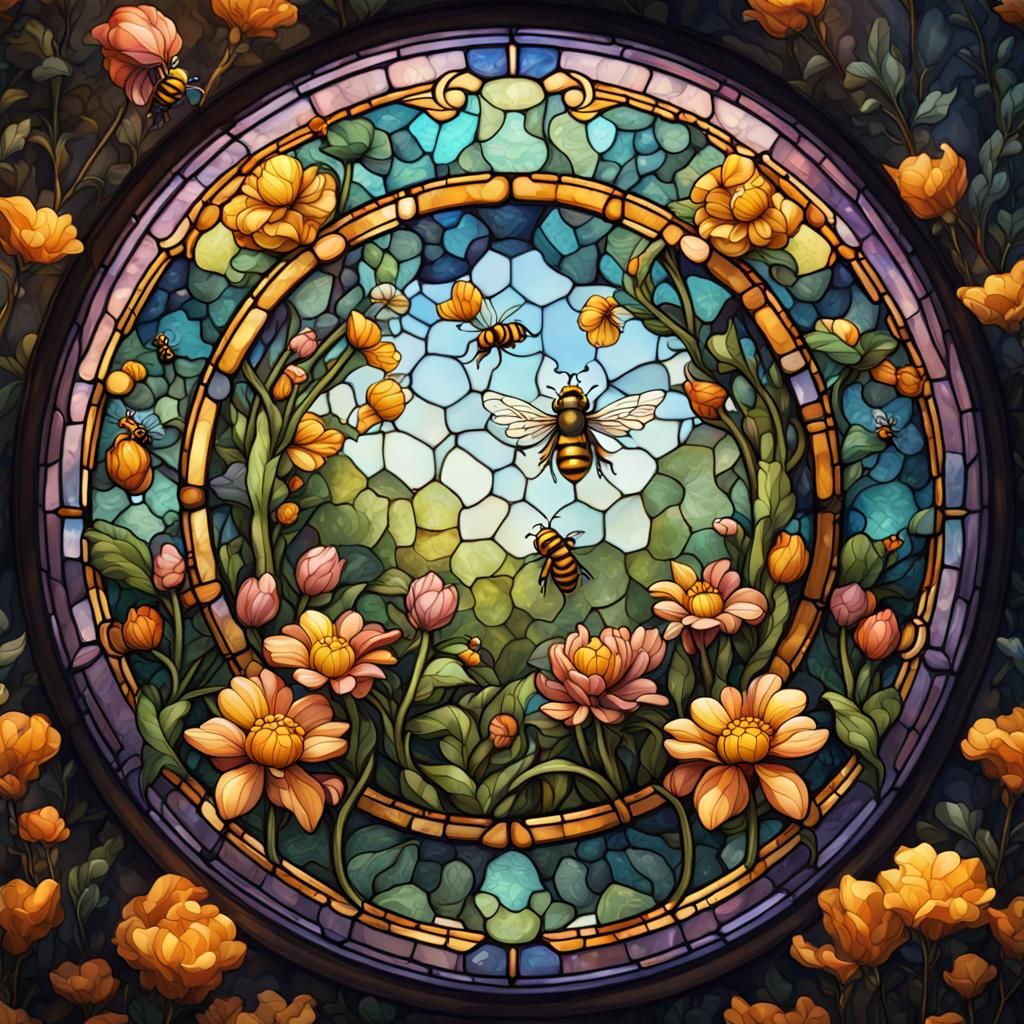 Floral Stained Glass Graphic with Bees