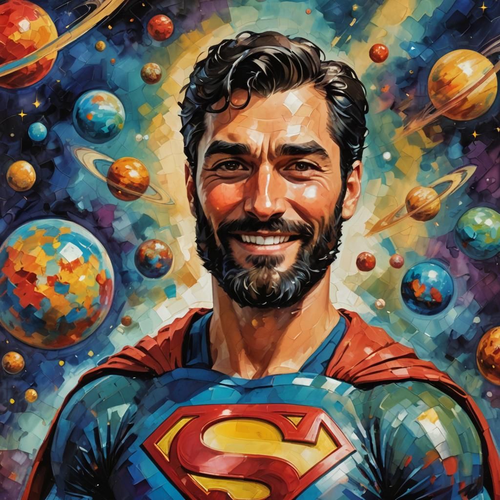 Handsome Superman with Black Beard in Impressionist Style