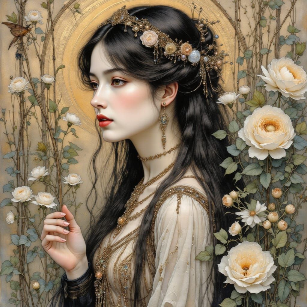 Fairy Witch Queen in Pre-Raphaelite Gothic Watercolor Style