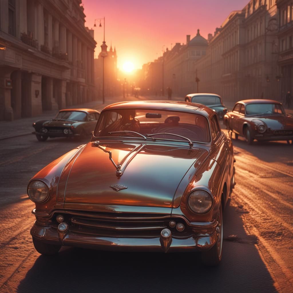 Classic Car Drifting into Sunset: Hyperdetailed Concept Art