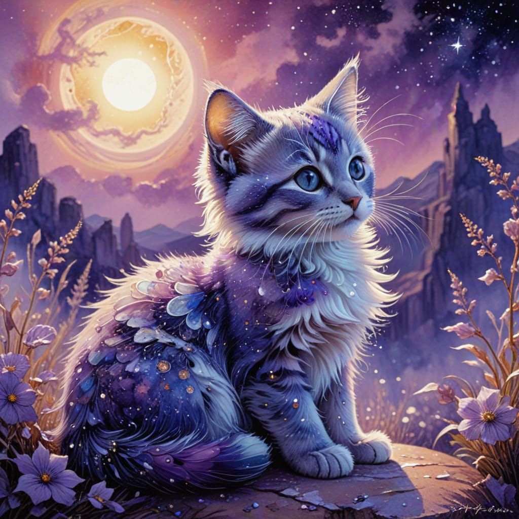 Mystical Winter Kitten in Regal Amethyst Hues