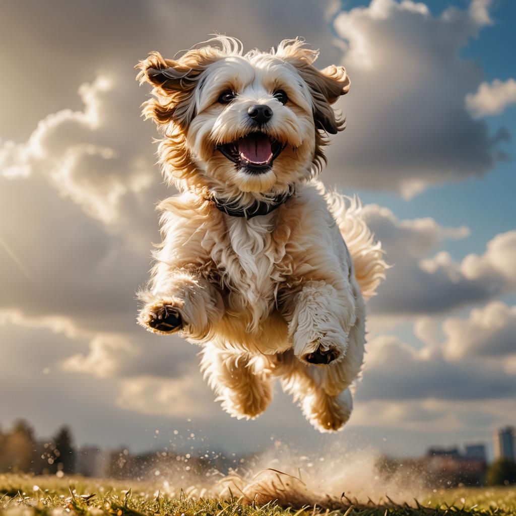 Golden Havanese Dog Jumping in Sunlight: 8K Portrait