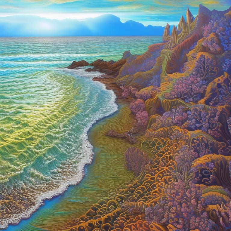 Mystical Ocean Shore in Detailed Oil Painting