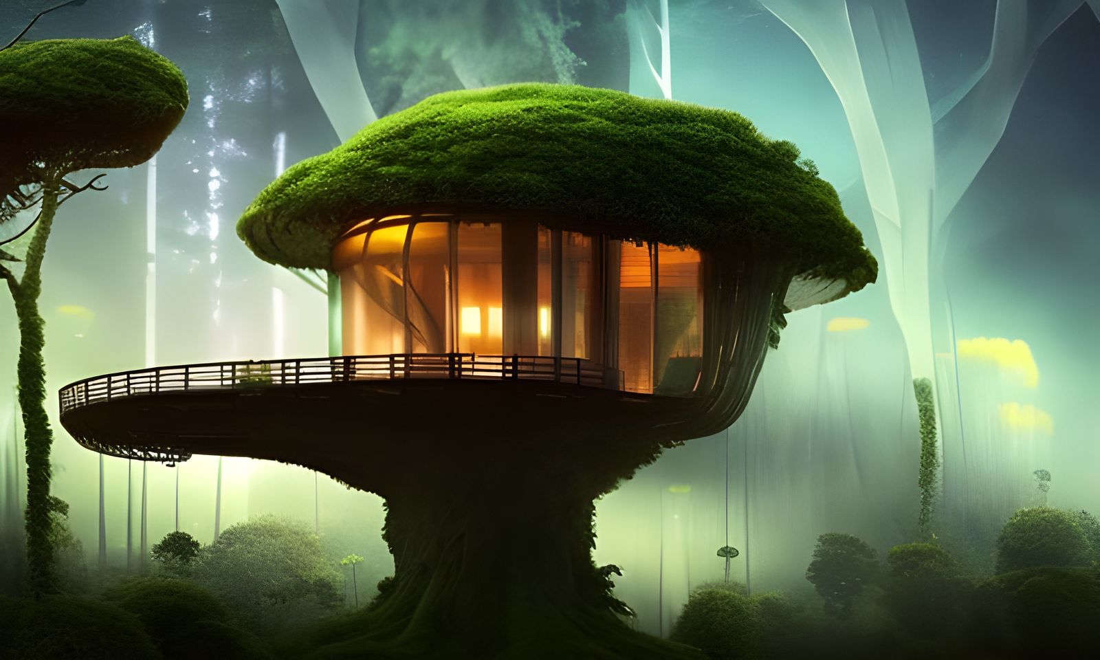 Futuristic Treehouse in Mossy Forest at Night