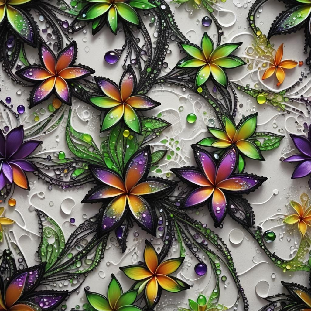 Holographic Fractal Lace Plumeria with Dew Drops