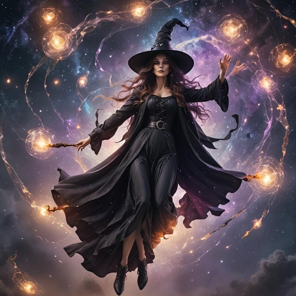 Floating Witch with Magic Lights in Galaxy Theme