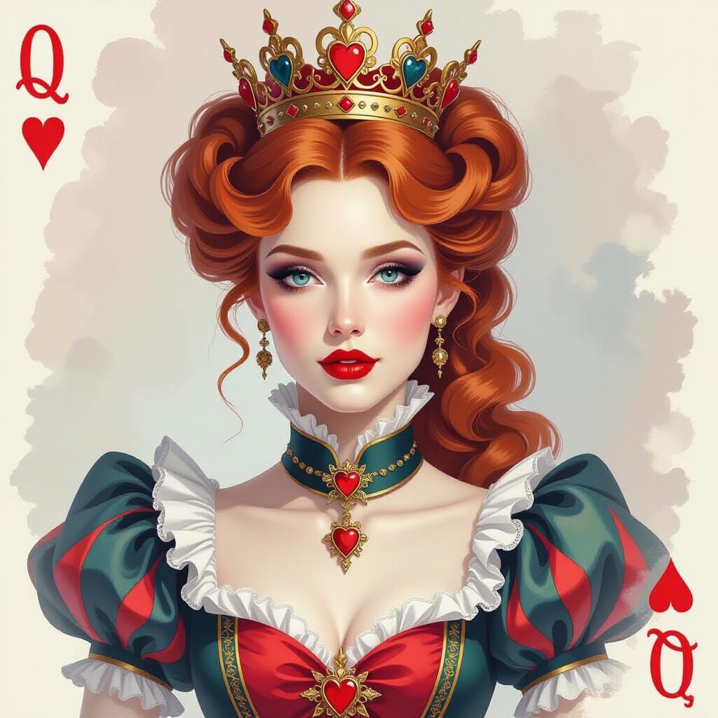 Futuristic Queen of Hearts in Romantic Watercolor Style
