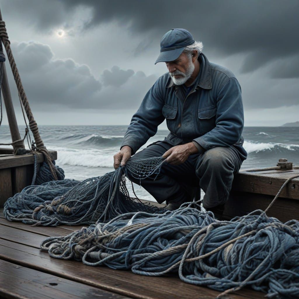 Weathered Fisherman Mending Nets in Foggy Maritime Scene