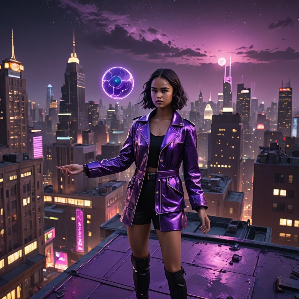 Metropolis Night: Woman with Neon Orb, Digital Art