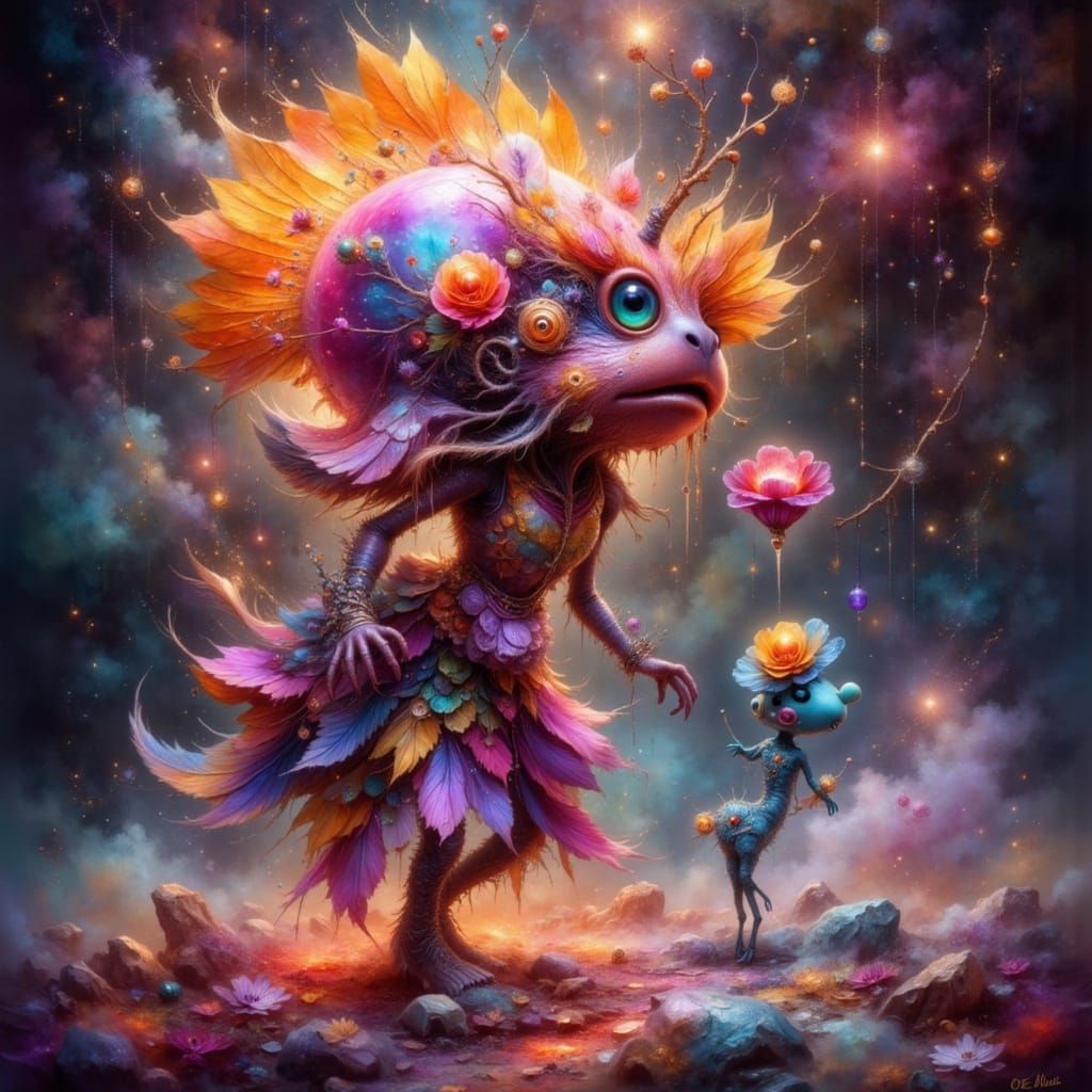 Caterpillar Dancing with Alien Flower in Surreal Style