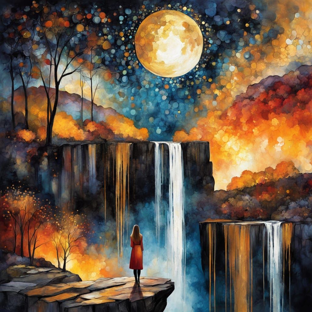 Woman Gazing at Waterfall in Abstract Expressionism