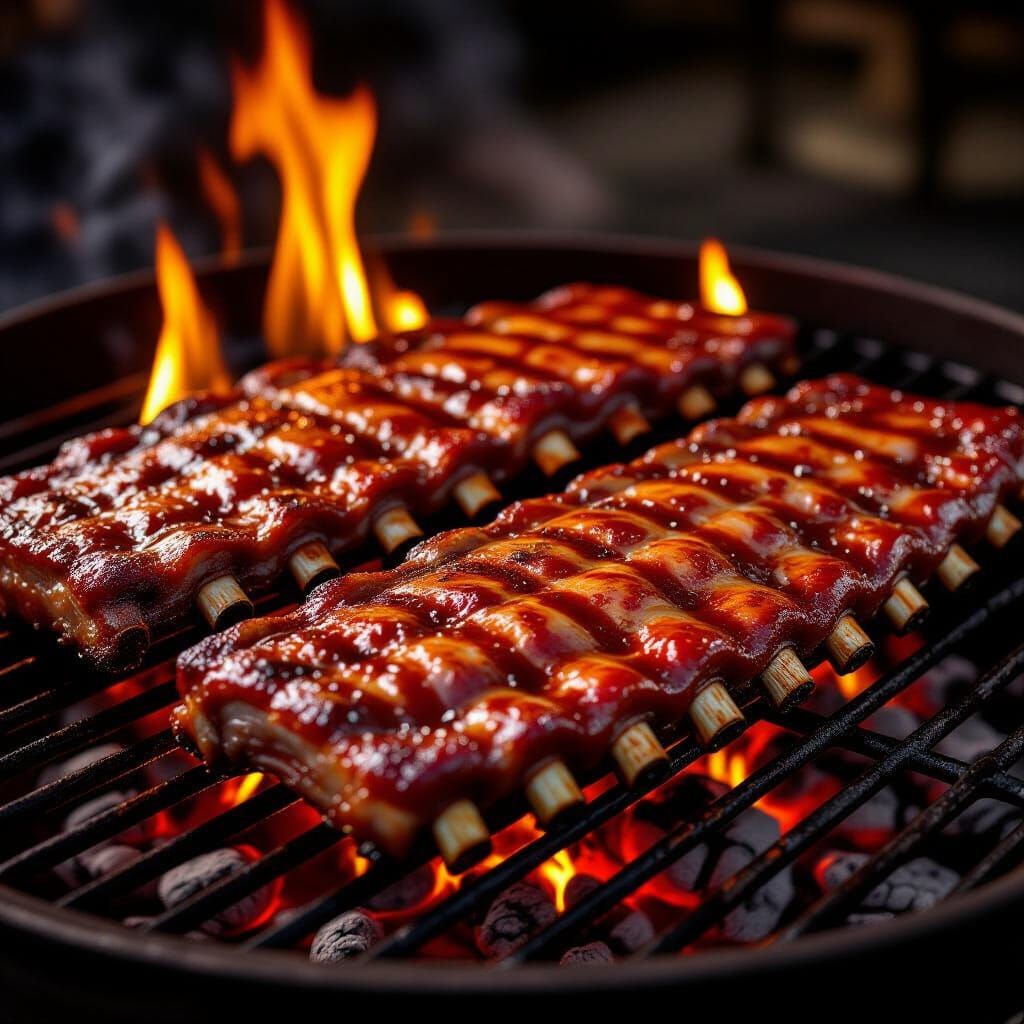 Mouthwatering Ribs on Flaming BBQ Grill
