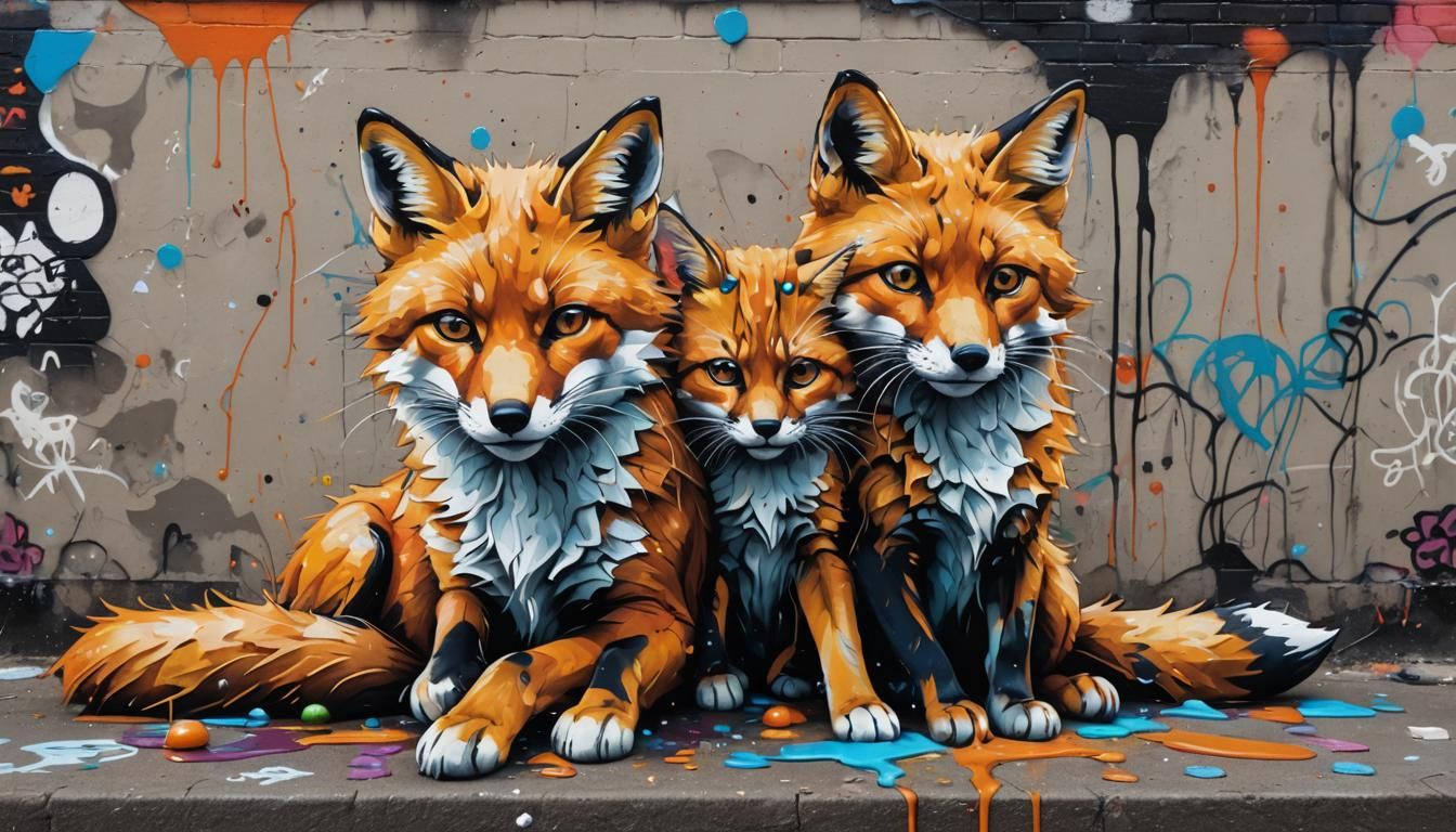 Fox and Cat Chill in Graffiti Street Art