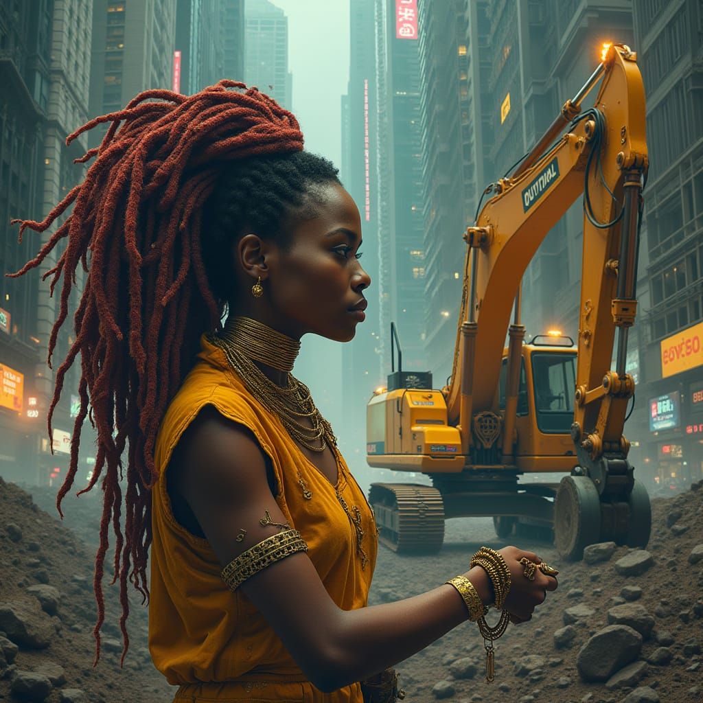African Goddess of Urban Renewal in Futuristic Metropolis