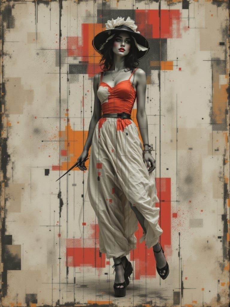 Fragmented Pin-Up Woman in Corrupted Fresco Style