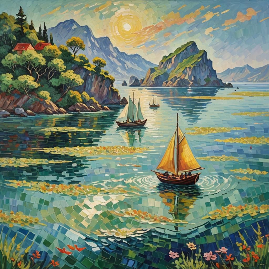 Sailboat and Island in Neo-Impressionist Style