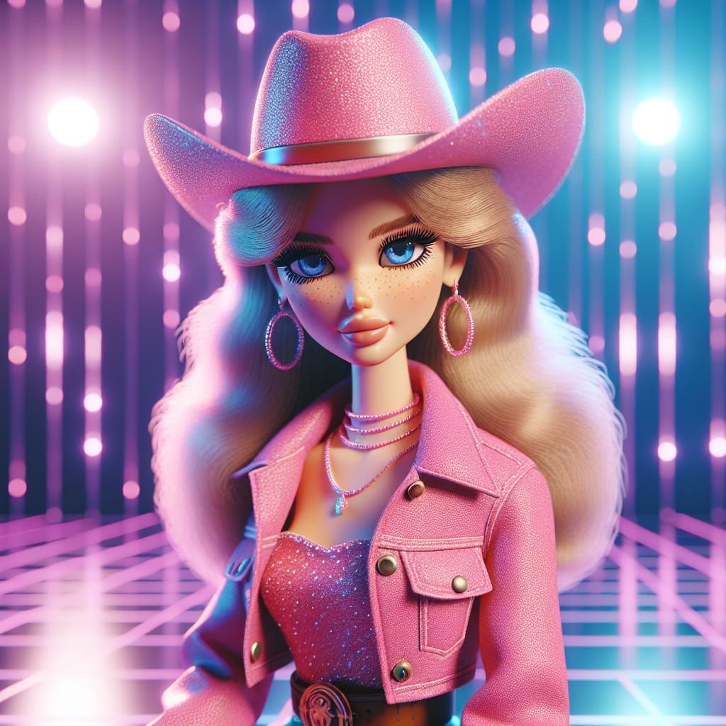 Disney Pixar style 3D florescent 80s stylish beautiful woman, doll-like, long blonde hair and blue eyes, dressed in West...