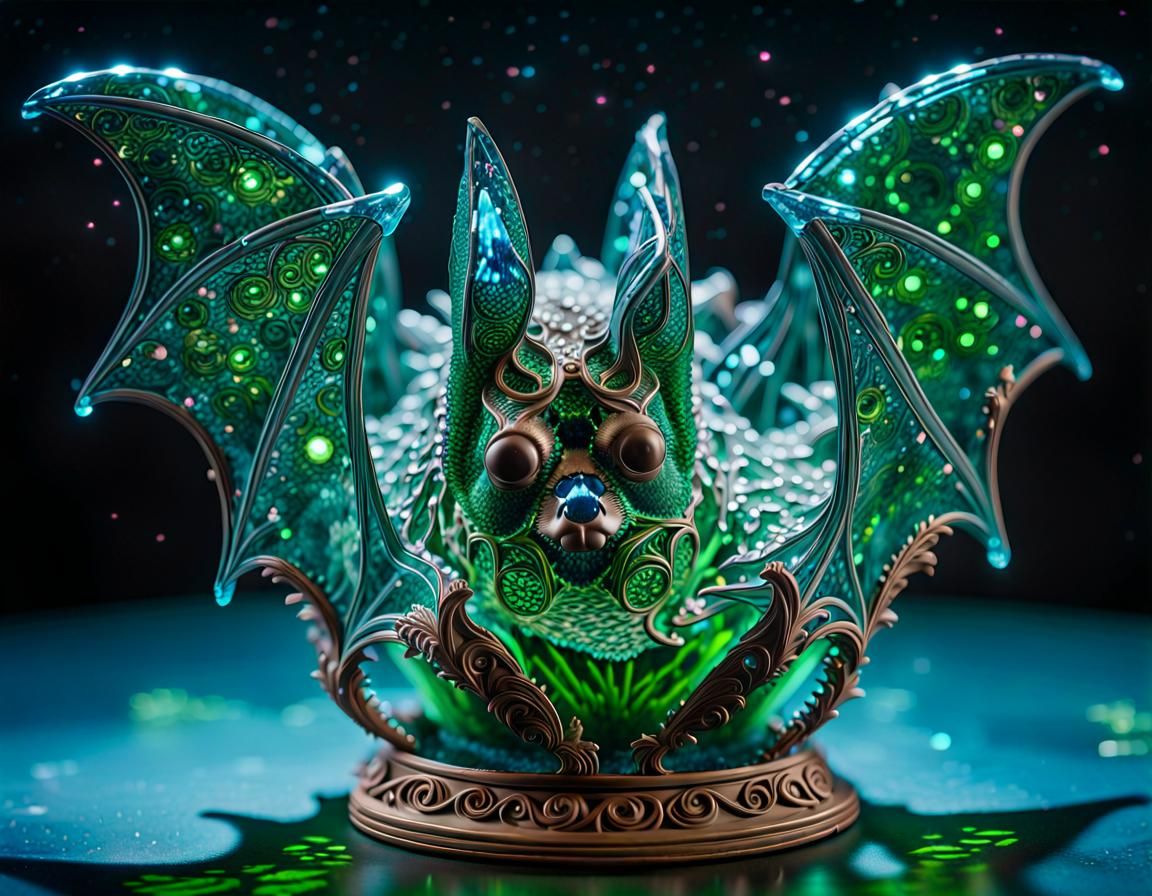 Bioluminescent Crystal Bat Sculpture in Digital Art Style