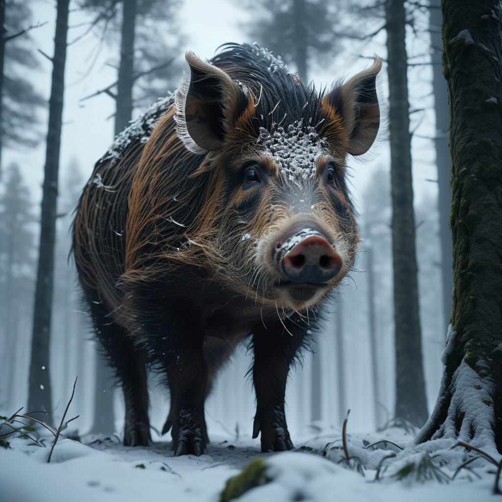Majestic Wild Boar in Snowy Forest