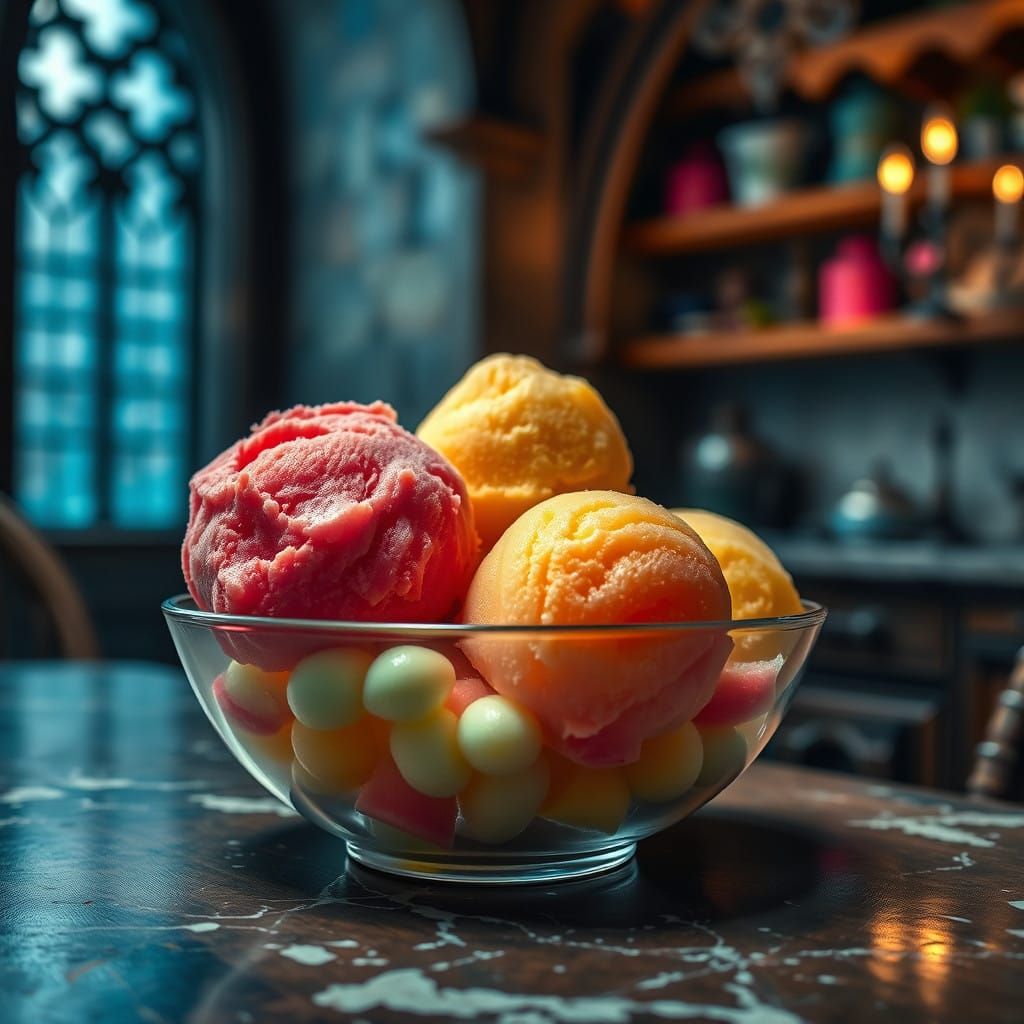 Gothic Kitchen Scene with Creamy Rainbow Sorbet