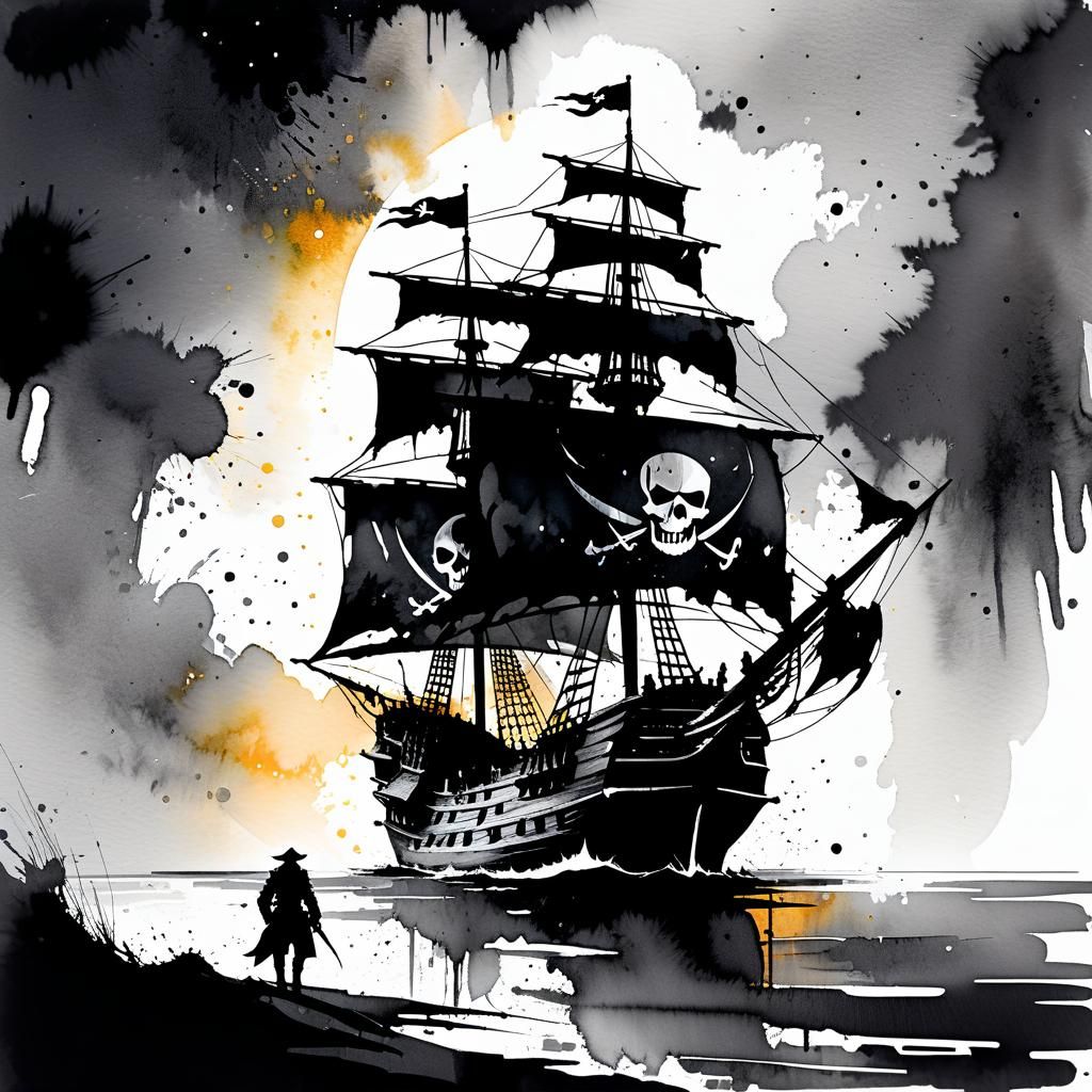 Ink Splatter Pirate Ship Sailing at Night