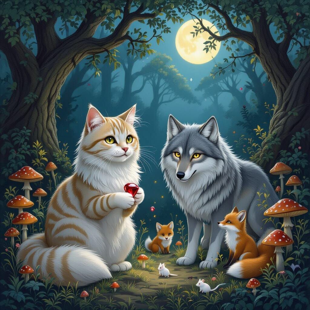 Magical Night Jungle Scene: Cat, Wolf, and Foxes