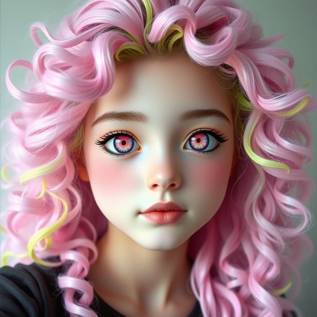 Pastel Pink Girl with Lime Green Hair and Whimsical Eyes