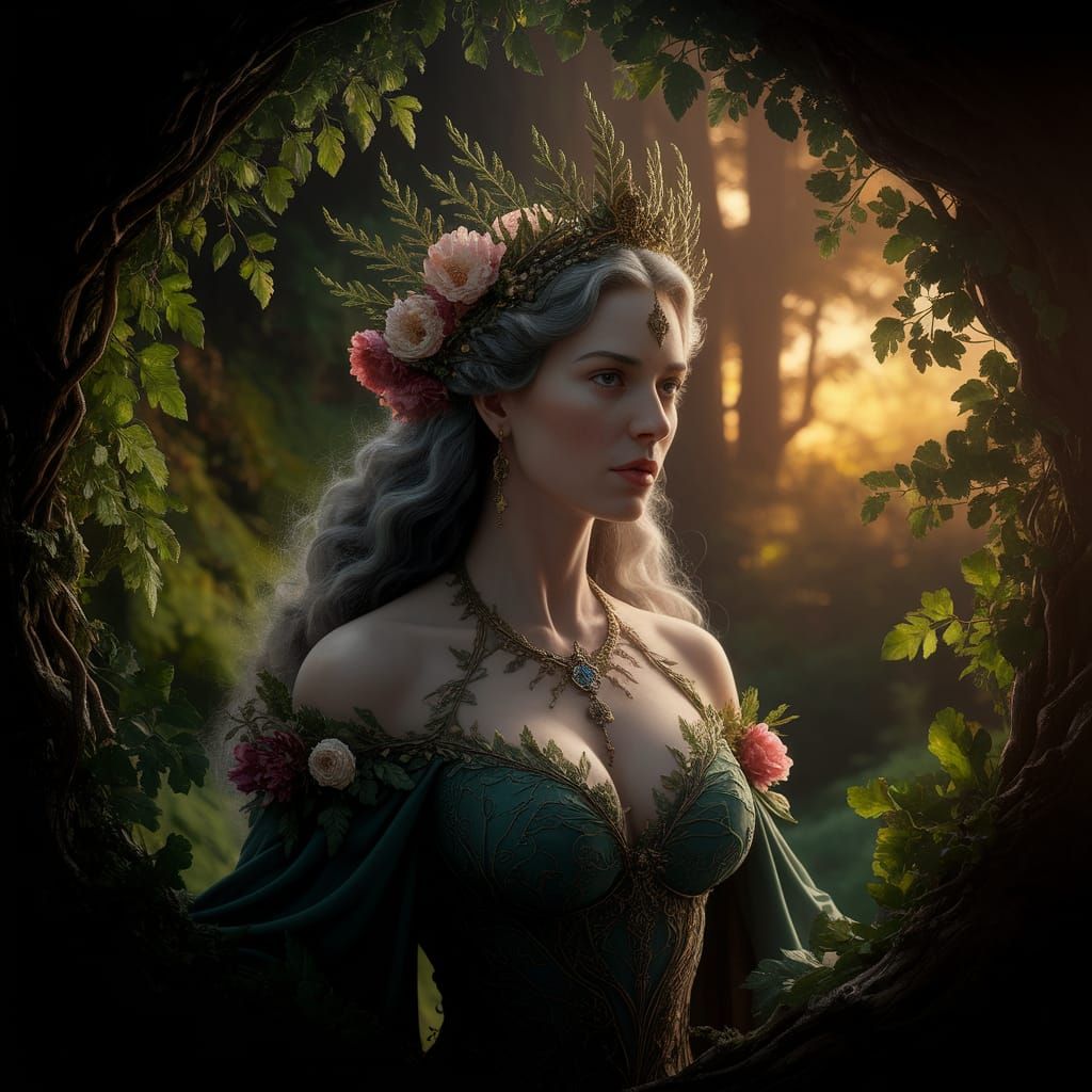 Forest Queen with Leaf Tiara in Dramatic Digital Painting