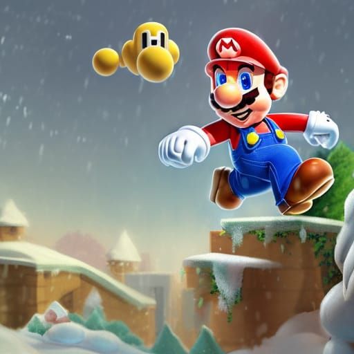 Super Mario in Snowy Garden, 3D Digital Art
