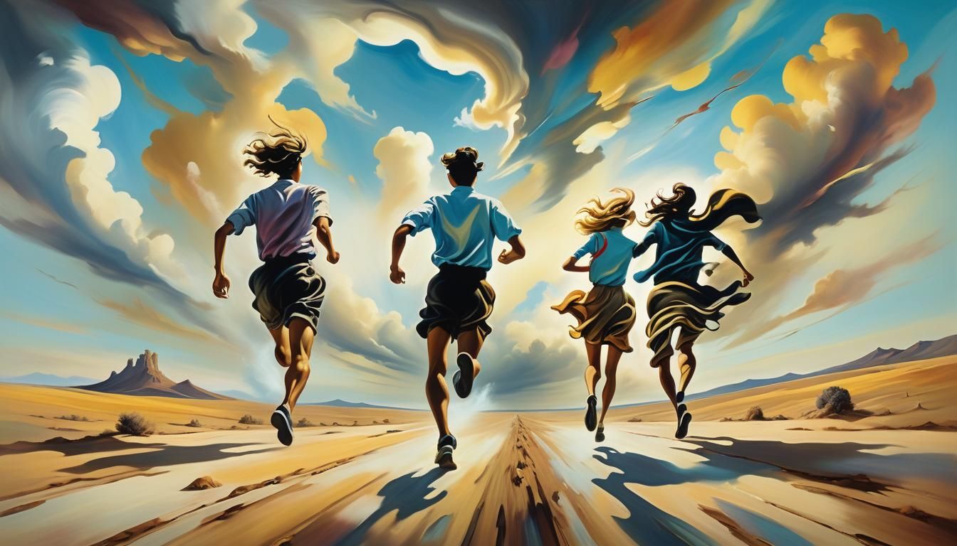 Surreal Parallel Runners in Desolate Landscape Oil Painting