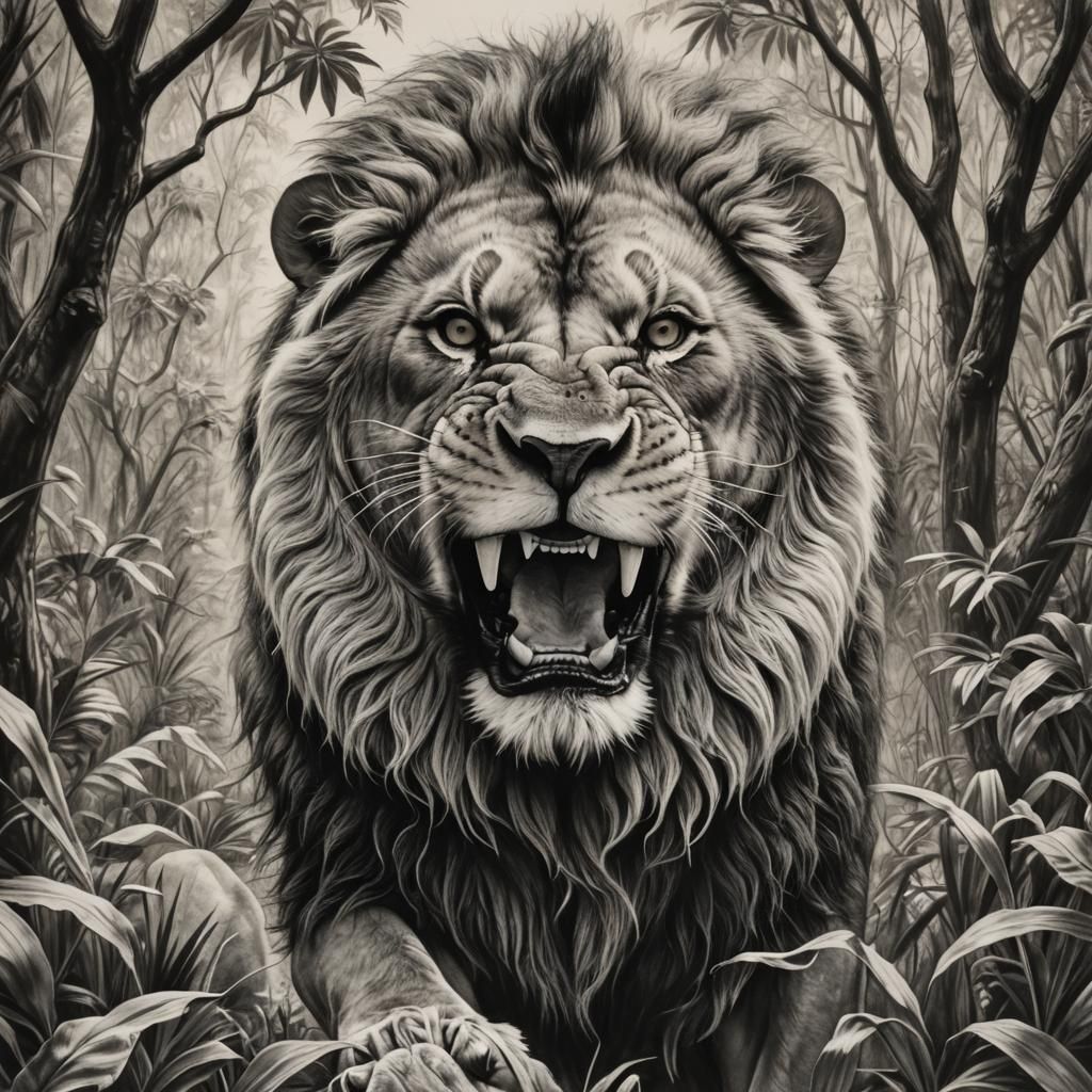 Roaring Lion in Jungle, Hyperdetailed Charcoal Drawing
