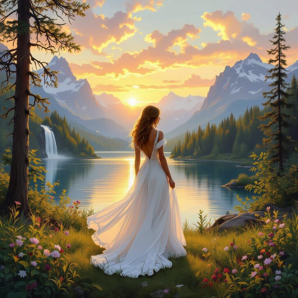 Woman in Vibrant Forest Sunrise with Lake and Waterfall