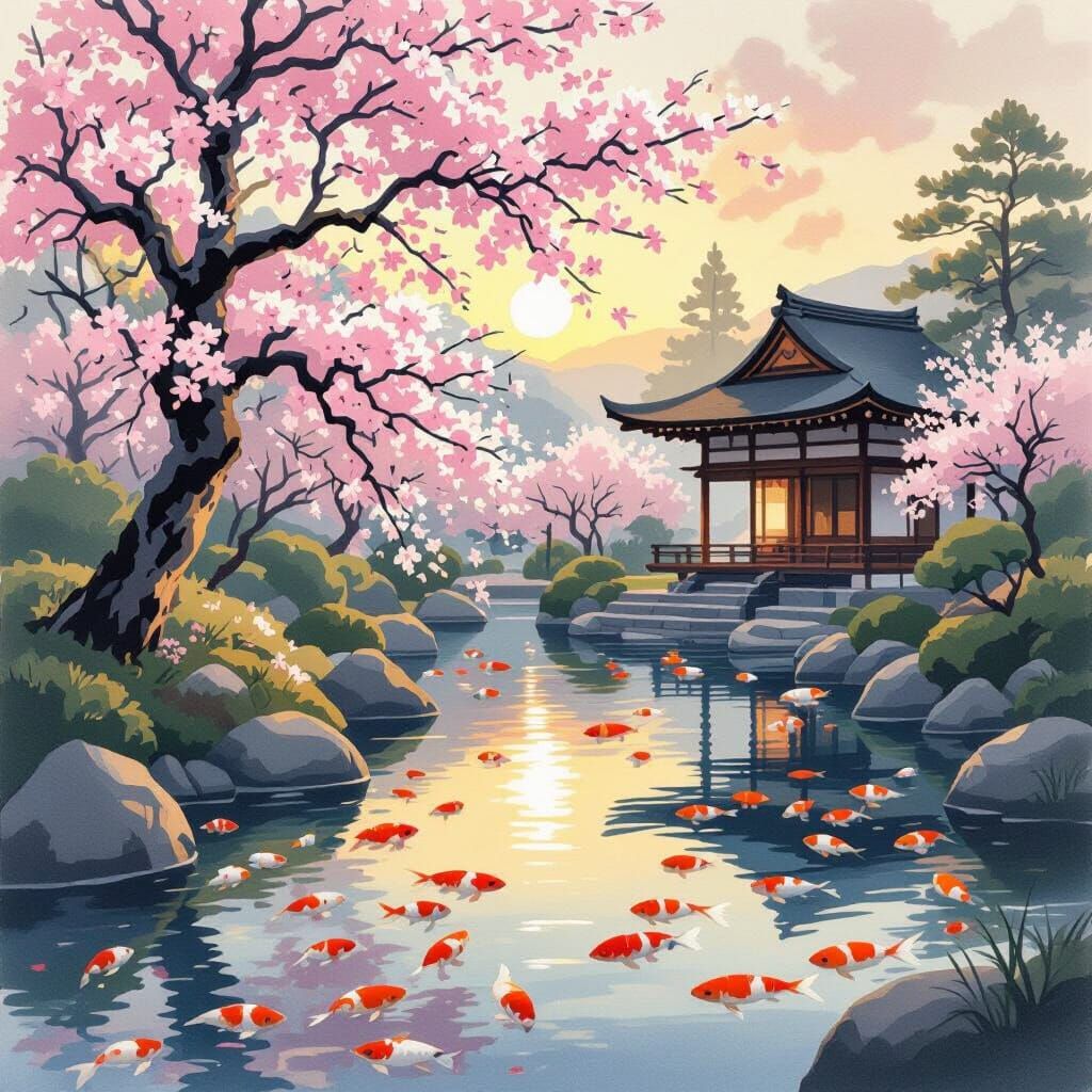 Serene Japanese Garden with Koi Pond in Traditional Art Styl...