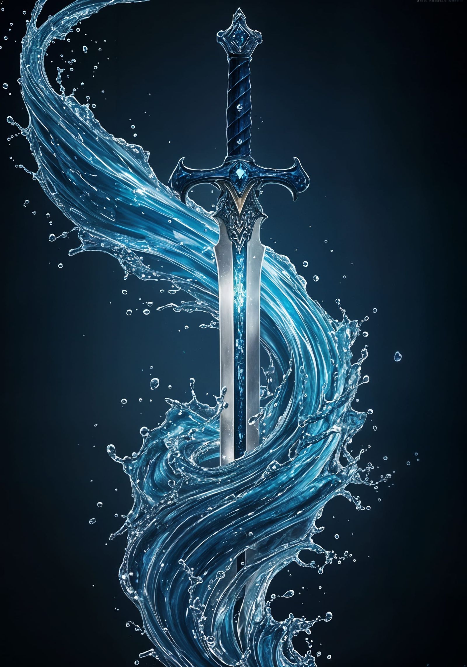 Sapphire Waterfall Sword in a Serene Fantasy Realm
