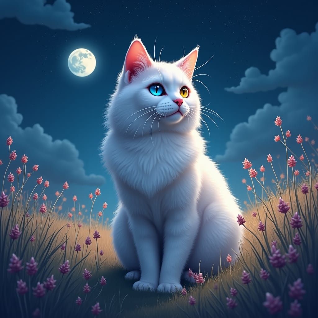 White Cat with Heterochromia in Moonlit Field