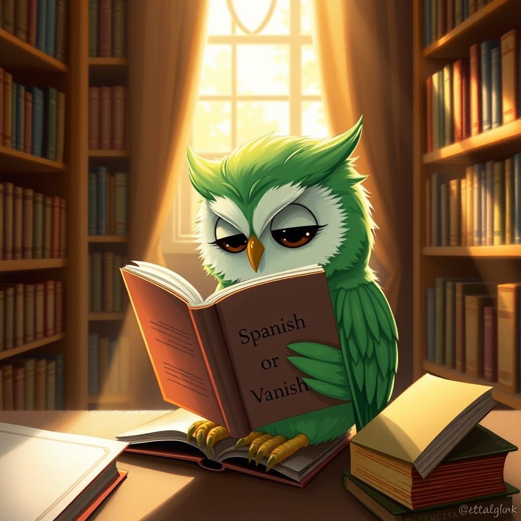 Enchanted Owl in Library, Reading Whimsical Book