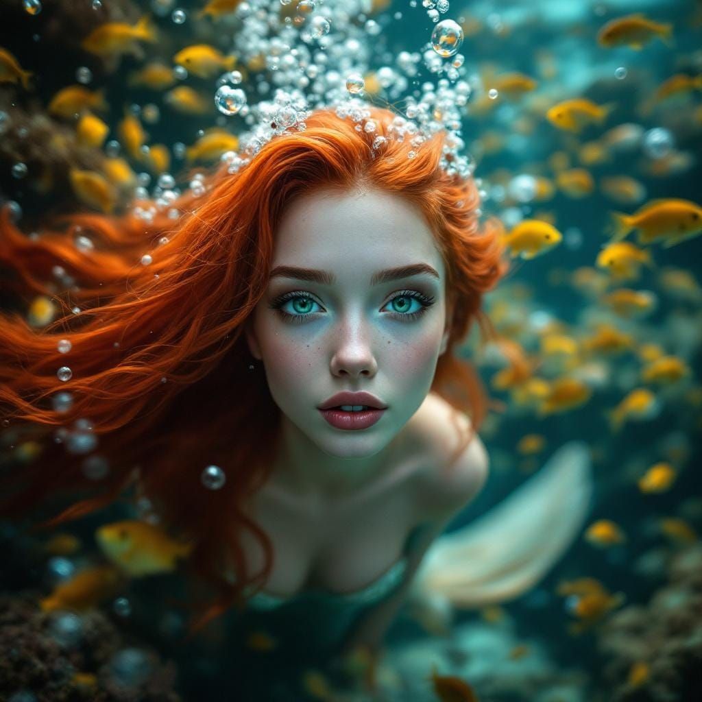 Red-Haired Mermaid Undersea Portrait