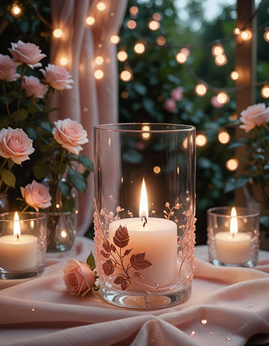 Elegant Rose Gold Draped Candle in Enchanting Garden