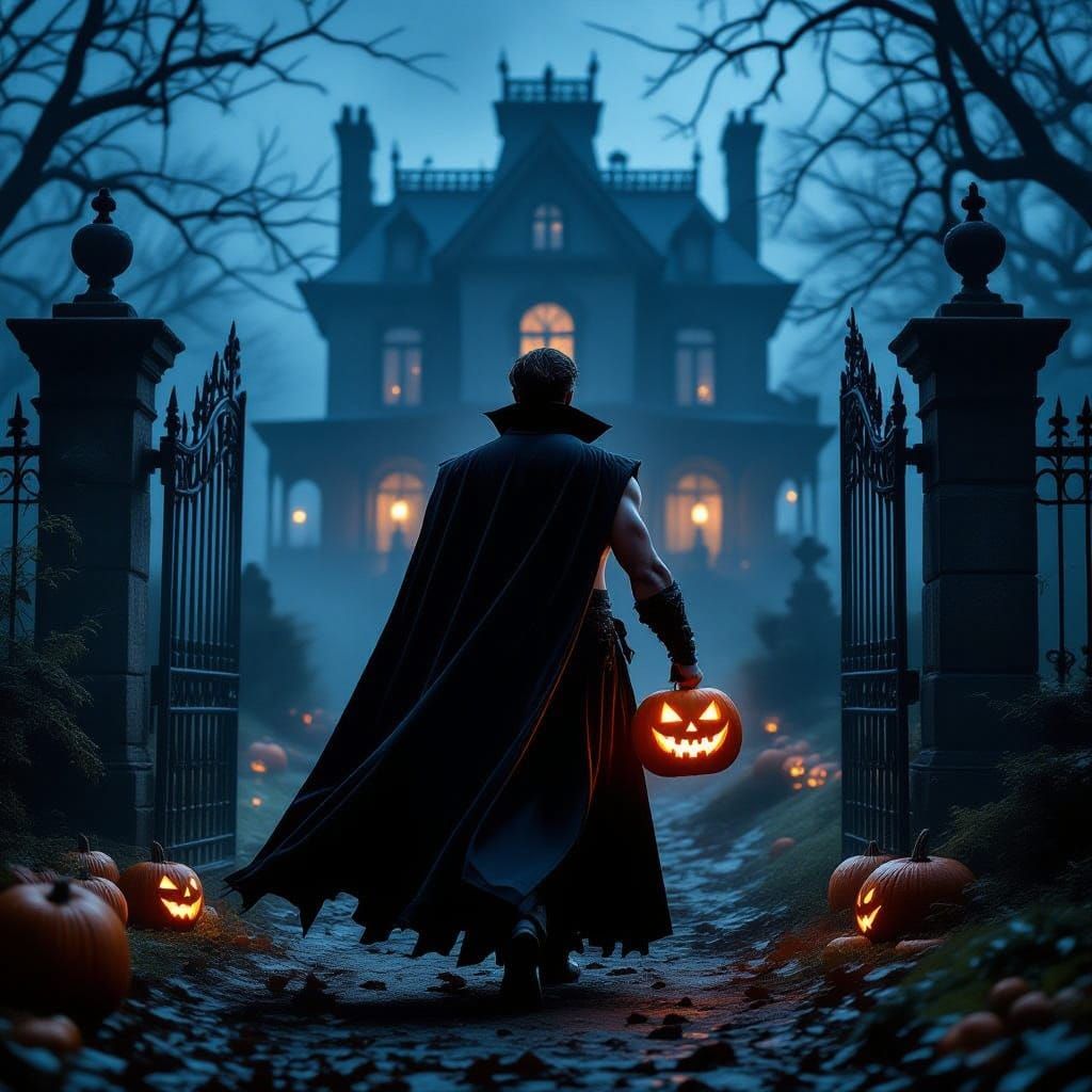 Muscular Vampire Advances on Haunted Mansion