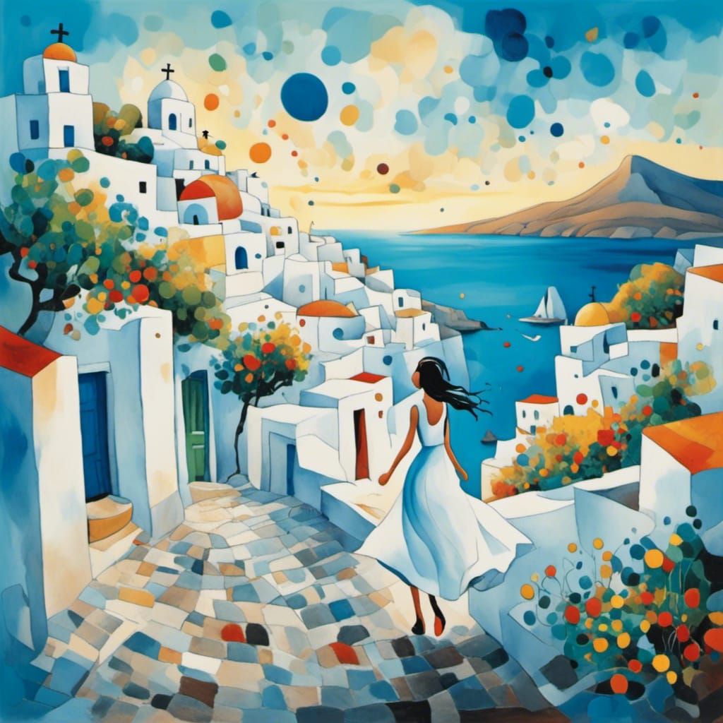 Santorini Impressionism: Woman in White Dress